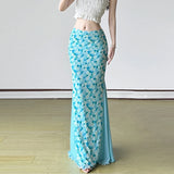 Vevesc  Side Mesh Patchwork Floral Print Mermaid Skirt Holiday Cute Ruched Long Skirts Korean Style Outfits Sweet Bottoms Y2K