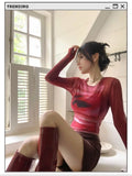 Vevesc Japanese Vintage O-neck Red T-shirts Spring Sexy See Through Mesh Tee Shirt Y2k High Street Slim Fit Long Sleeve Tops Women