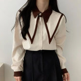 Vevesc Elegant Vintage Edge Piping Peaked Collar Shirts Women Spring Loose Puff Sleeve Blouses Simple Single Breasted Tops