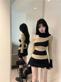 Vevesc Skew Collar Off Shoulder Striped Knitted Tops Women Autumn New Bottoming Sweater Mujer Long Sleeve All-match Pullovers