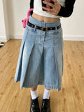 Vevesc Y2k Streetwear Denim Pleated Skirt Women Vintage Low Waist A-line Distressed Knee-lenght Jeans Skirt Japanese Fashion