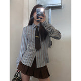 Vevesc Y2K Harajuku Striped Shirts Women Vintage Streetwear Tie Long Sleeve Blouses Korean Preppy Slim All Match Tops Spring New