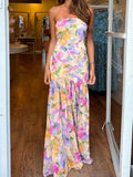 Vevesc  Elegant Off-Shoulder Maxi Dress with Boho Floral Print and Open Back Design for Summer Wedding Party Vacation Wear
