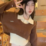 Vevesc American Two Piece Y2K Tops Preppy Style Women Short Sueter Mujer O Neck High Waist Pullovers Sweaters Sets Knitted Camis