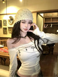 Vevesc Y2k Aesthetic Lace Patchwork Slim Women T-shirt Vintage Slash Neck Streetwear Grunge Tshirts Harajuku Printing Crop Tees Femme