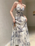 Vevesc Fashion New Women Summer Spaghetti Strap Floral Dress Sleeveless Vintage Casual A-Line Party Birthday Long Dresses Female Robe