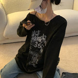 Vevesc Y2K T-shirt Fairy Grunge 2024 Vintage Letter Print Tops Black Autumn Off Shoulder Long Sleeved Korean Tees Loose Harajuku Shirt