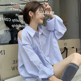 Vevesc Off Shoulder Blue Striped Long Sleeve Women Chemise Femme Chic High Street Blouse Oversize Hollow Out Shirts Turn Down Collar