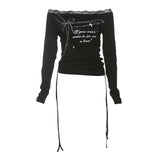 Vevesc Harajuku Fashion Letter Print Long Sleeve T-shirts Y2K Aesthetic Lace Neck Drawstring Hem Tops Mall Goth Women Blouse