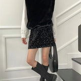 Vevesc  Sequins Shiny Mini Skirt Solid Korean Fashion Spring Autumn A-line Faldas Mujer High Waist Elegant Sweet Women Skirts