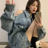 Vevesc American Retro Sexy Off Shoulder Jackets Denim Tops Women Y2k Loose Hollow Out Long Sleeve Outerwear Streetwear Chic Coats