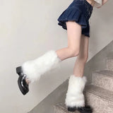 Vevesc Furry Leg Warmers Y2K Goth White Faux Fur Leg Warmers Gyaru Boot Covers Lady Lolita Jk Knee-high Hipster Warm Socks Slouch