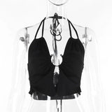 Vevesc Metal Ring Hollow Out Lace Up Halter Tops For Women 2024 Summer Sexy Crop Top Streetwear Tanks & Camis Clubwear