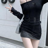 Vevesc Black Vintage Y2K Hollow Out Knitted Sweater Women Harajuku Sexy Slim Off Shoulder Jumper Korean Long Sleeve Tops Kpop Grunge