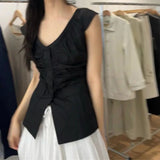 Vevesc  Y2k Korean Fashion Tank Tops Spring Summer Solid V Neck Single Breasted T Shirt for Women Vintage Simple Tees