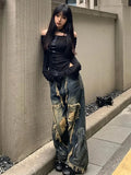 Vevesc American Retro Tassel Ripped Straight Jeans Baggy Pants Stylish High Street Straight Jeans Harajuku Style Hip Hop Y2k Jeans