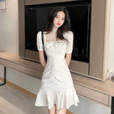 Vevesc White Dress Women Korean Square Neck Pleated Ruffle Mini A Line Dresses Summer Streetwear Elegant Slim Mermaid Vestidos Sundress