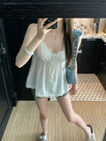 Vevesc Sweet Fashion V-neck Lace White Camisole Tops Mujer 2024 Summer New Vest For Women Y2k E-Girl Sleeveless Loose Tank Top