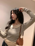 Vevesc Fake Two Piece Patchwork Camisetas Long Sleeve Short Tshirts Slim Waist Y2k Off Shoulder Tops Striped Tees Women Korean