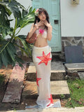 Vevesc  Vacation Summer 2-Piece Set Women Halter 3d Flowers Folds Bra+Flower Print Mesh Lace-Up Skirts Matching Beach Party Suit