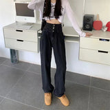 Vevesc High Waist Women Wide Leg Jeans Autumn Winter Black Gray Breasted Loose All Match Straight Trousers Y2K Streetwear Denim Pants