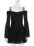 Vevesc Goth Black Lace Flocking Off-Shoulder Flared Sleeve Party Dresses Y2K Vintage Velvet Patchwork A-Line Mini Dress Women