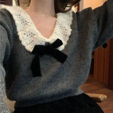 Vevesc Korean Style Sweaters Women Kawaii Sweet Elegant Knited Pullovers Grey Bow Vintage Patchwork Autumn Winter Sweaters