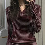 Vevesc Y2k Aesthetic Contrast Color Stripe Tops Harajuku Casual Pocket Vintage T-shirts Women Autumn Fairy Grunge Simple Slim Fit Tees