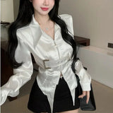Vevesc Metal Buckle Belt Slim Fit Shirts Women Early Autumnn New Black Blouses Y2k Grunge Long Sleeve Zipper Blusas Mujer