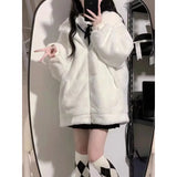 Vevesc  Women Zip Hoodie Thicken Fuzzy Fleece Sweatshirts Harajuku Bear Ear Oversize White Coats Cute Soft Winter Outerwear New