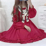 Vevesc Harajuku Lolita OP Long Sleeve Dresses Sweet Lace Slash Neck Bow A-line Dress For Women Y2k Grunge Slim Waist Vestidos Mujer