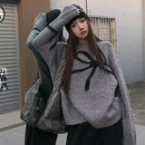 Vevesc Elegant Bow Sweaters Women Vintage Y2k Knitted Pullovers Autumn Winter Loose Long Sleeve Aesthetics Streetwear Jumpers