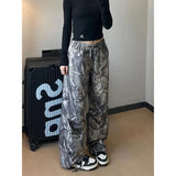 Vevesc  American Retro Distressed Gray Leaf Camouflage Pants Fashion High Street Straight Wide Leg Pants Harajuku Hip Hop Y2k Trousers