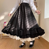 Vevesc Lolita Long Skirt Women Elastic Waist A-line Japanese Fashion Lace Patchwork Fairy Ruffle Skirt Autumn Mori Girl