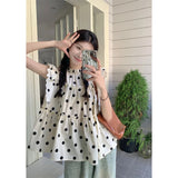 Vevesc Sweet Cute Polka Dots Shirts Women Streetwear Ruffles Flying Sleeve Blouses Summer Korean Fashion Stand Collar Tops New