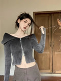 Vevesc Korean Persoanlity Turn Down Collar Sexy Off The Shoulder Sweaters Y2k Streetwear Popular Zipper Slim Clothing Aesthetic Jumpers