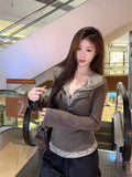Vevesc Street Punk Patchwork Fake Two Hoodie Tops Mujer Autumn New T-shirts for Women y2k Slim Fit Long Sleeve Bottoming Tees