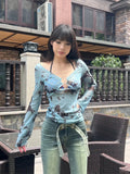 Vevesc American Style Blue Tie Dye Mesh Print T-shirts Sexy Slim Fit Hollow Out Tee Shirt Y2k Long Sleeve Sun Protection Tops Women