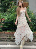 Vevesc  Fashion Sweet Dress for Women Floral Ruffles Lace Patchwork Irregular Sleeveless Design Dresses Summer Female Slim Clothing