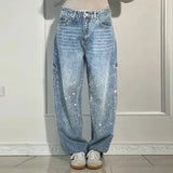 Vevesc  Chic Rhinestone Women's Jeans Y2k Street Oversize Loose Shining Female Wide Leg Pants 2025 Spring Summer Lady Denim Trousers