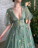 Vevesc  Green Embroidery Lace Prom Dresses Puff Sleeves A-Line Long Wedding Party Gowns Open Back Tulle Evening Dress