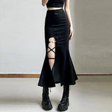 Vevesc Y2K Split Midi Skirt Women Streetwear Bandage Black Mermaid Skirts Korean Gothic Sexy Slit High Waist Slim Trumpet Skirts