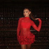 Vevesc See Thru Sexy Red Stretchy Short Cocktail Dresses With Handmade Flower High Collar Full Sleeves Tulle Mini Maxi Dress To Party