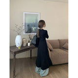 Vevesc Streetwear Black Midi Dress Women Y2K V Neck Tunic Robe Korean Fashion Long Sleeve Slim All Match One Pieces Dresses New