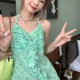 Vevesc Sweet Green Flower Print Halter Lace Vest For Women Y2k E-Girl Sexy Backless Camisole Tops 2024 Summer New Slim Fit Tank Top