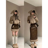 Vevesc New Fashion Winter High Street Warm Faux Fur Coats American Y2k Aesthetic Constrast Color Spliced Skirts Girl 2 Piece Sets