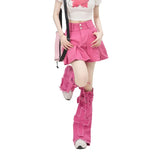 Vevesc Gothic Sweet Pink Vintage High Street Sexy Mini Skirt Y2k High Waist Slim Pleated Denim Jupe Leg Warmers Suit Streetwear Falda