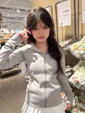 Vevesc Japanese Kawaii Rabbit Ear Zipper Long Sleeve Hoodies Women Slim Waist Y2k Chic Gray Hooded Sweatshirts Sweet Sudadera Mujer