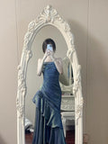 Vevesc Princess Fishtail Dress Wedding Banquet Quinceanera Daily Party Blue Mermaids high-end slip up evening dress
