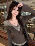 Vevesc Street Punk Patchwork Fake Two Hoodie Tops Mujer Autumn New T-shirts for Women y2k Slim Fit Long Sleeve Bottoming Tees